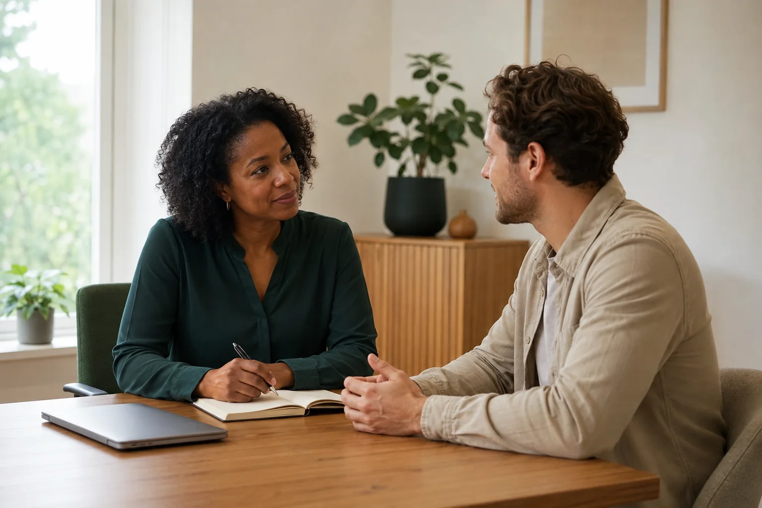 AI-sfeerbeeld van een behandelaar en een cliënt tijdens een intakegesprek