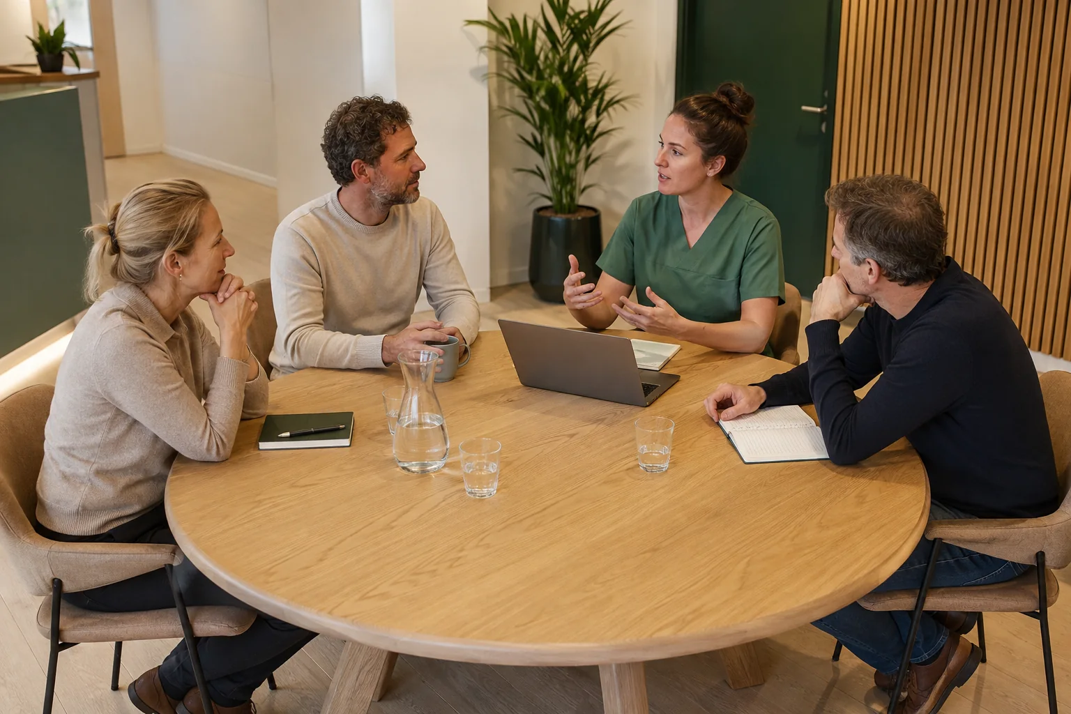 AI-sfeerbeeld van vier zorgprofessionals tijdens een multidisciplinair overleg