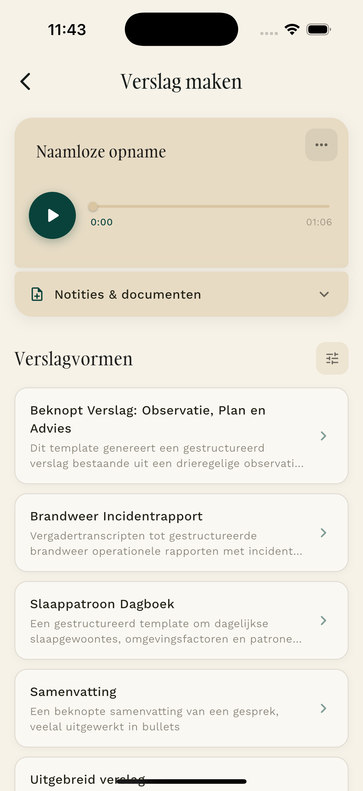Verslag maken in de Notizy-app met de opname, notities en beschikbare verslagvormen