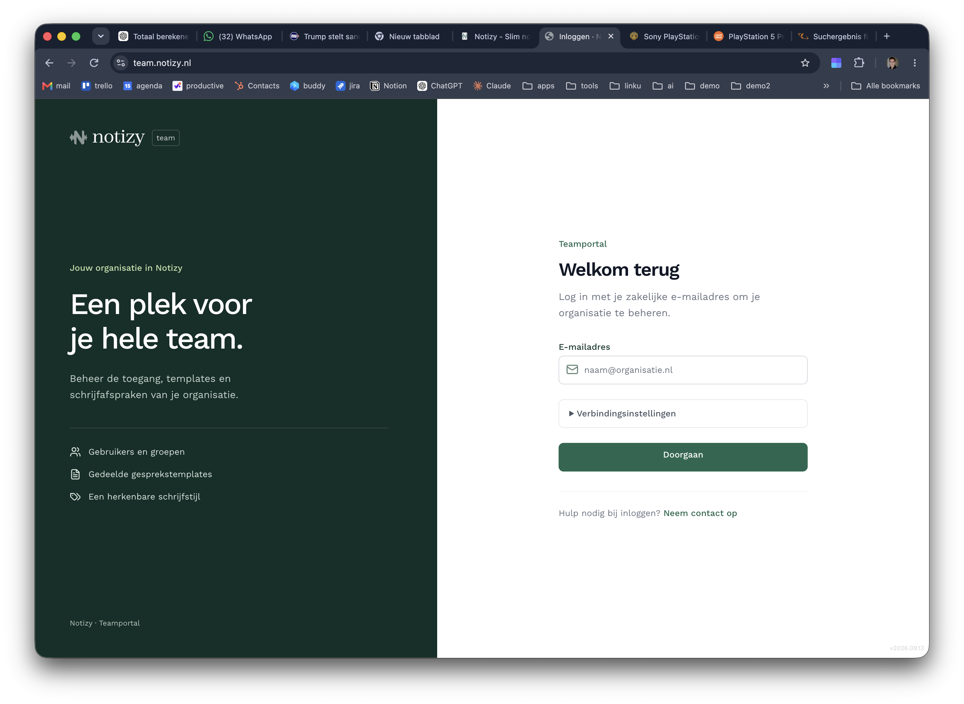 Het inlogscherm van het Notizy-teamportaal met een zakelijk e-mailadres